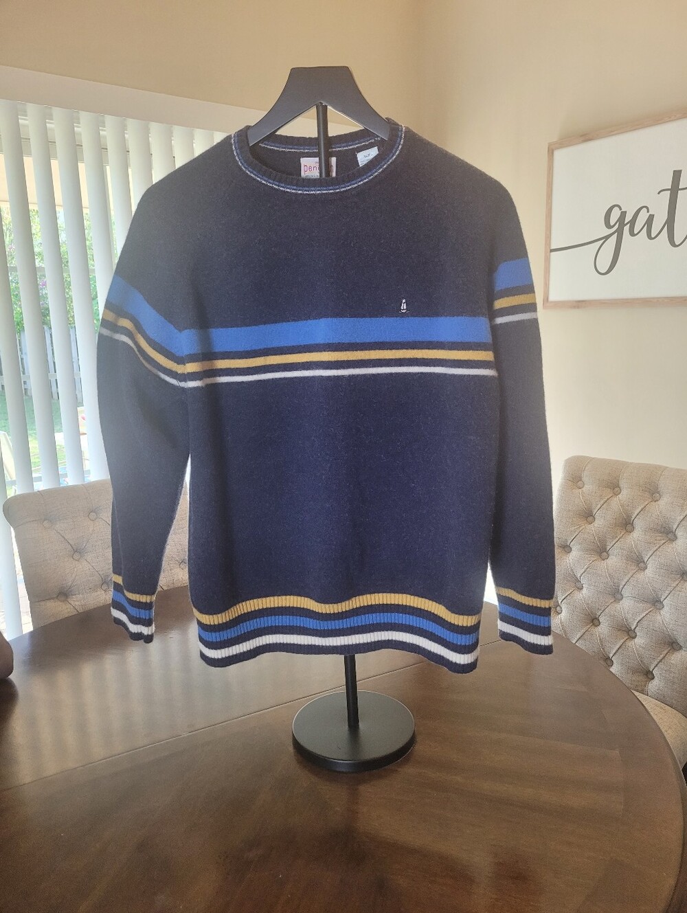 Penguin Musingwear Men's 100% Lamb wool Vintage Navy Stripe Crewneck Sweater